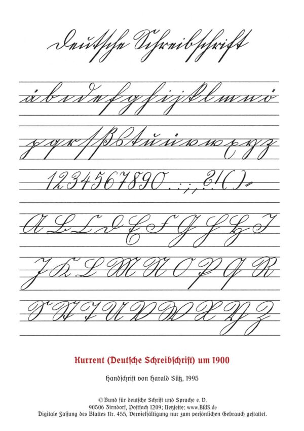 Blatt „Deutsche Schreibschrift“ Kurrent um 1900; DIN A4